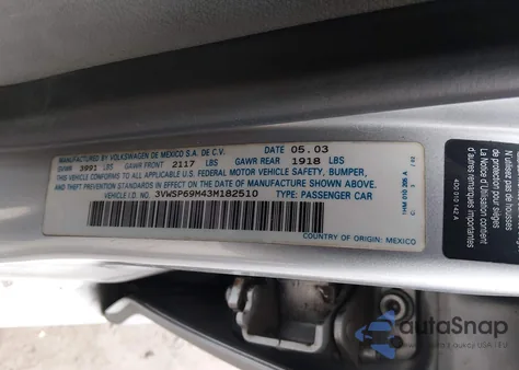 2003 Volkswagen Jetta Gls Tdi from USA, damaged, VIN 3VWSP69M43M182510